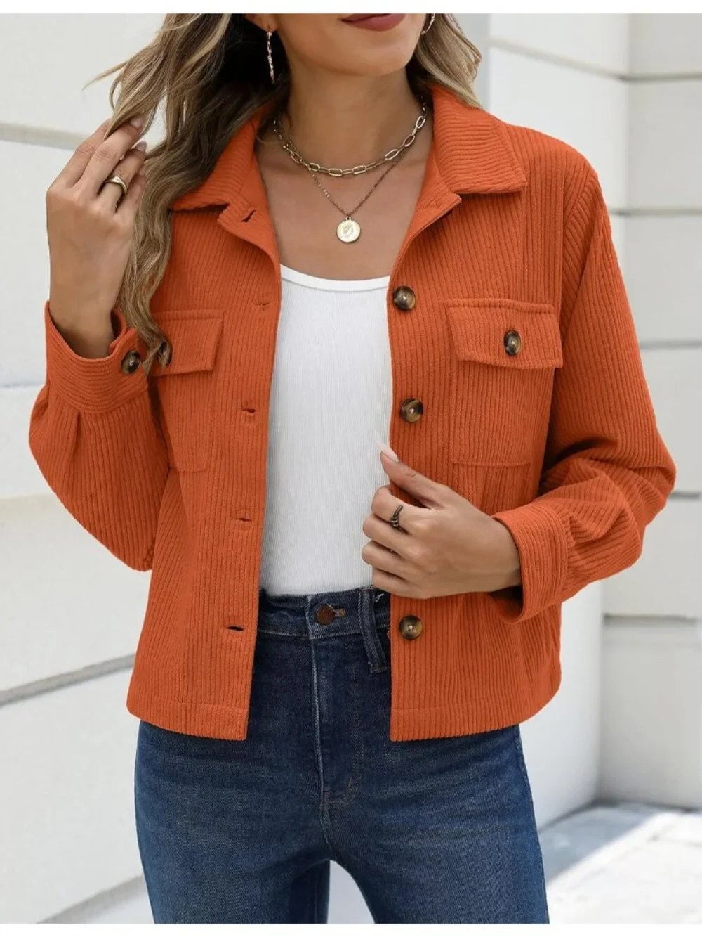 Women's Caramel Fashion Cropped Corduroy Button Down Long Sleeve Trendy Jacket